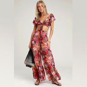 NWT Lulu's Passport to Paradise Coral Red Tropical Print Two-Piece Jumpsuit M